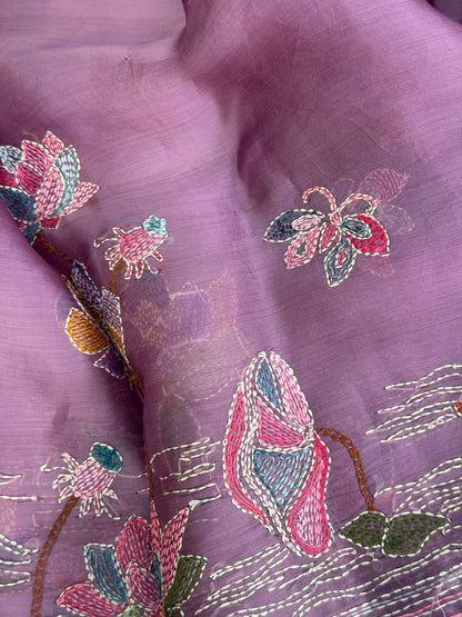 Pure Satin Silk Organza With Kantha Hand Embroidery