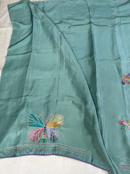 Pure Satin Silk Organza With Kantha Hand Embroidery