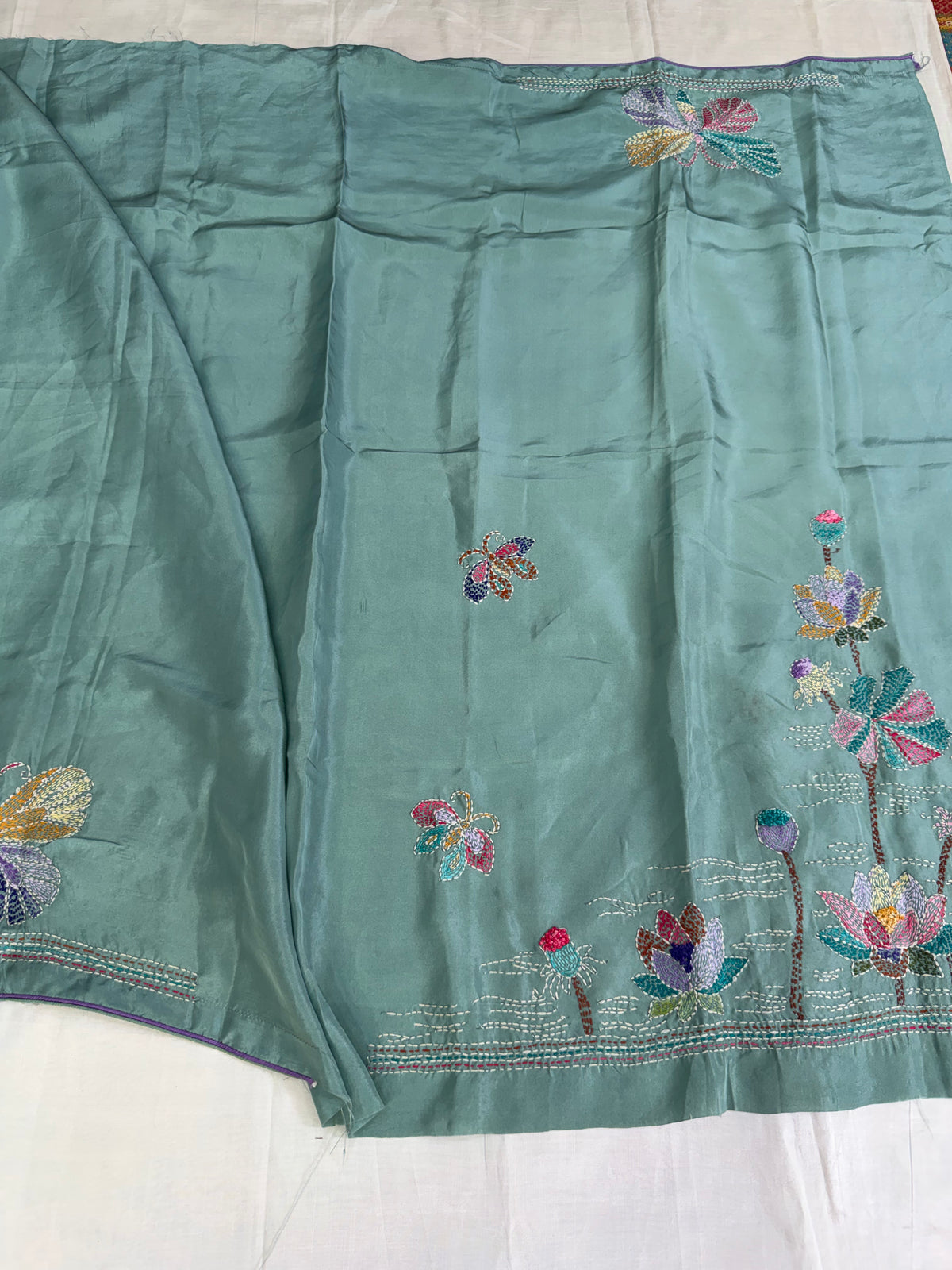 Pure Satin Silk Organza With Kantha Hand Embroidery