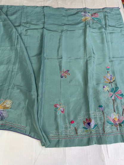 Pure Satin Silk Organza With Kantha Hand Embroidery
