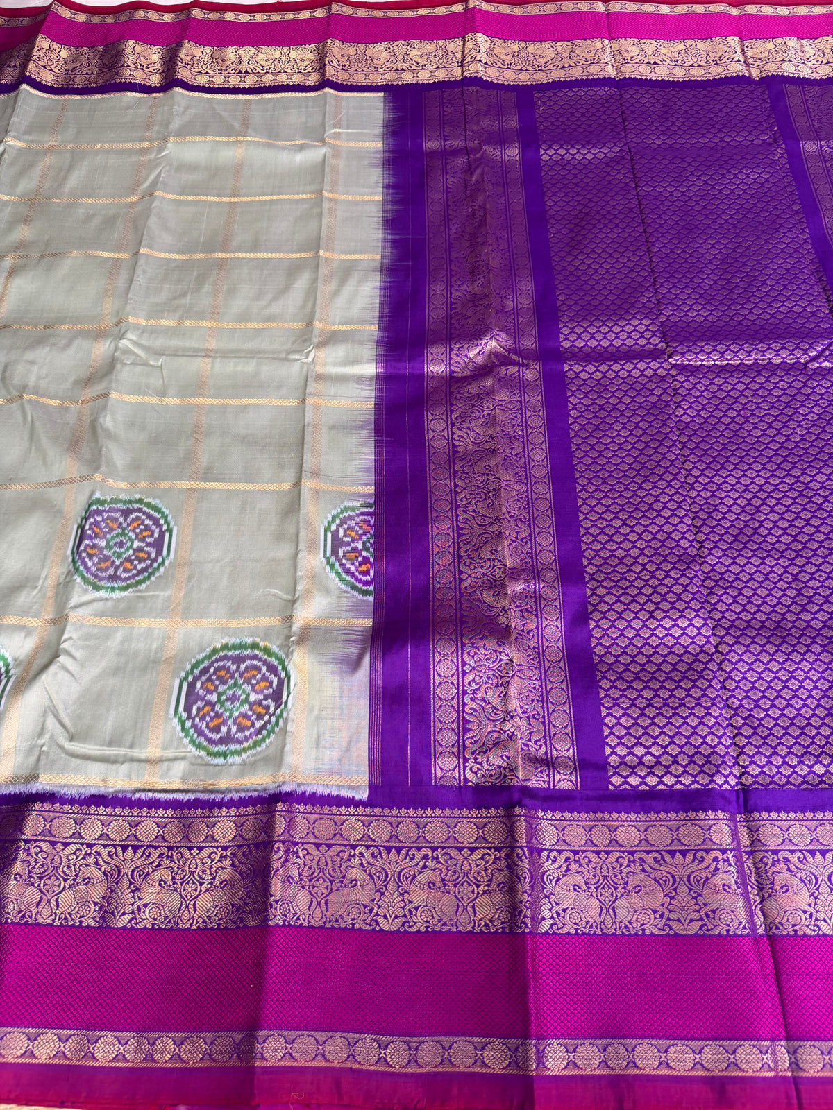 Handwoven Ikat Circle Motifs With Double Kanchi Border Saree