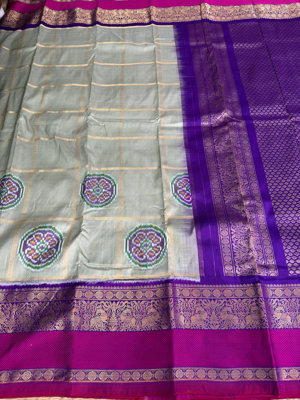 Handwoven Ikat Circle Motifs With Double Kanchi Border Saree