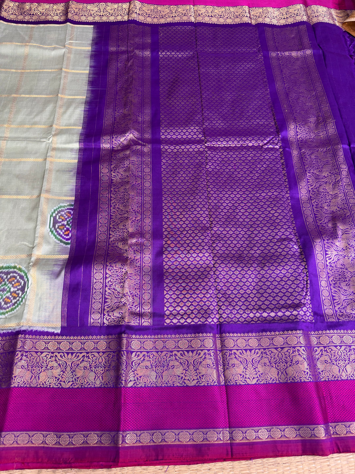 Handwoven Ikat Circle Motifs With Double Kanchi Border Saree