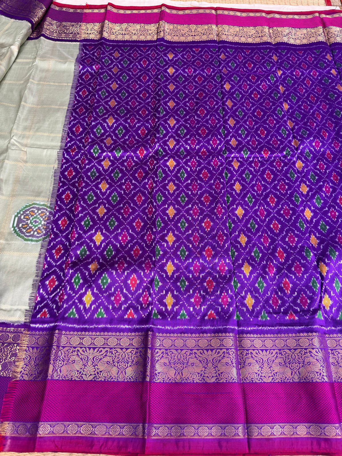 Handwoven Ikat Circle Motifs With Double Kanchi Border Saree