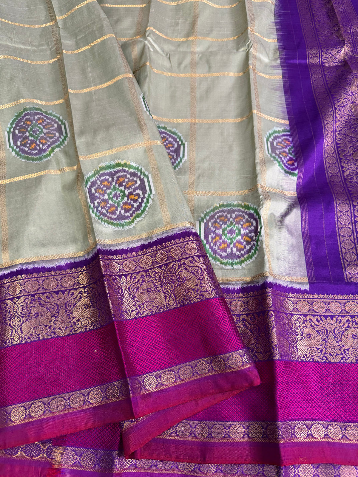 Handwoven Ikat Circle Motifs With Double Kanchi Border Saree