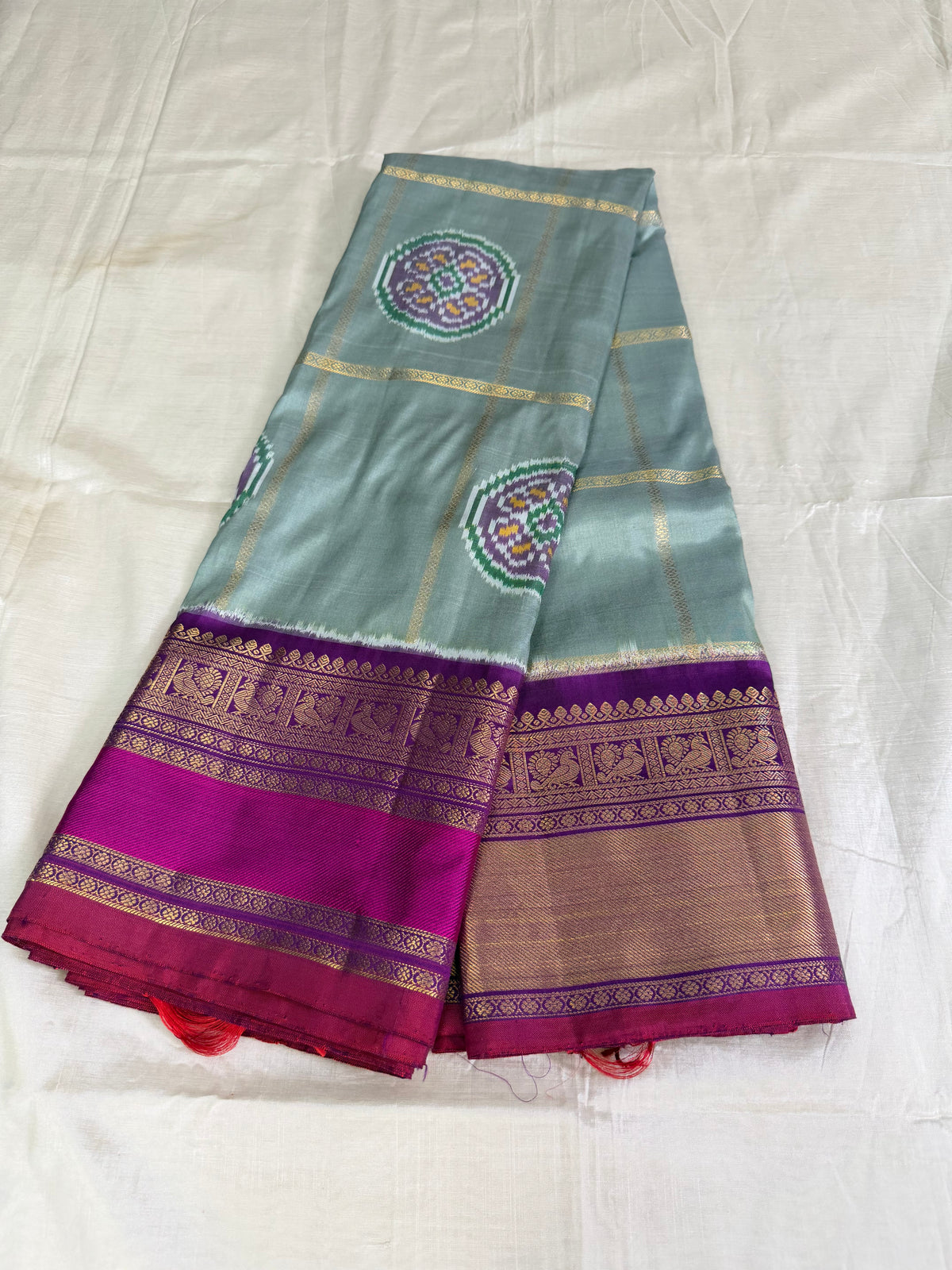 Handwoven Ikat Circle Motifs With Double Kanchi Border Saree