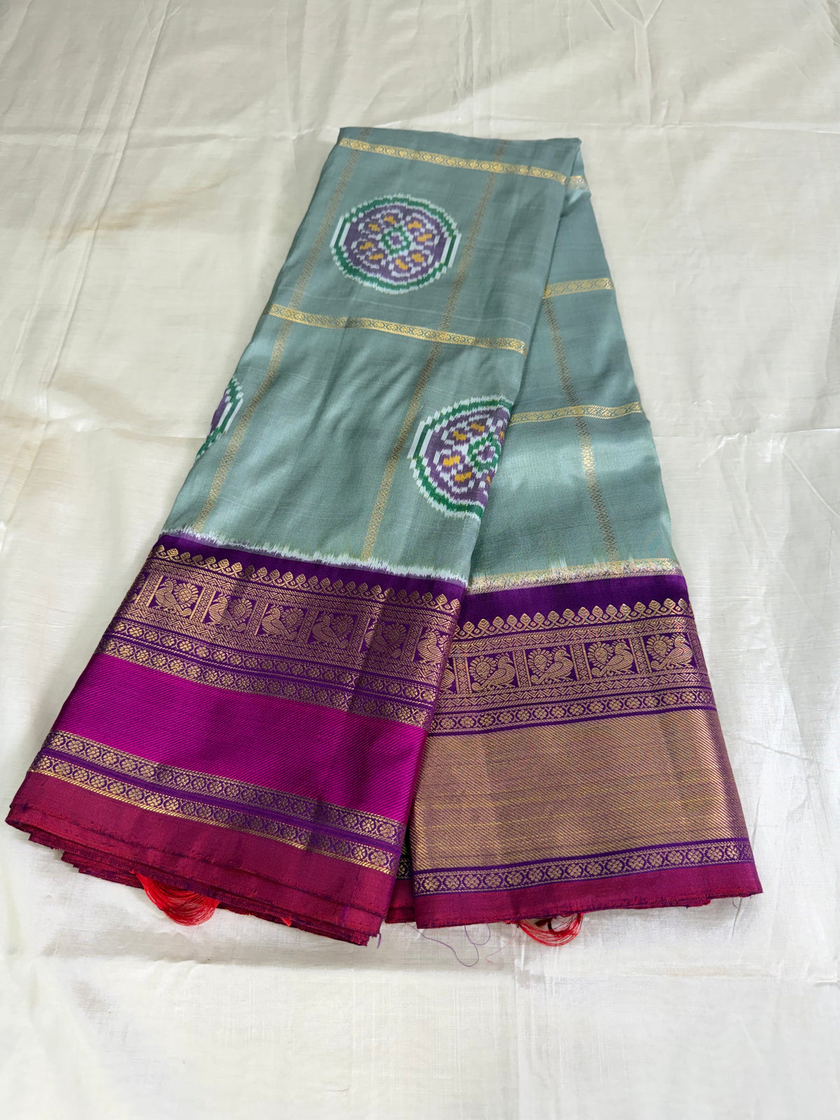 Handwoven Ikat Circle Motifs With Double Kanchi Border Saree