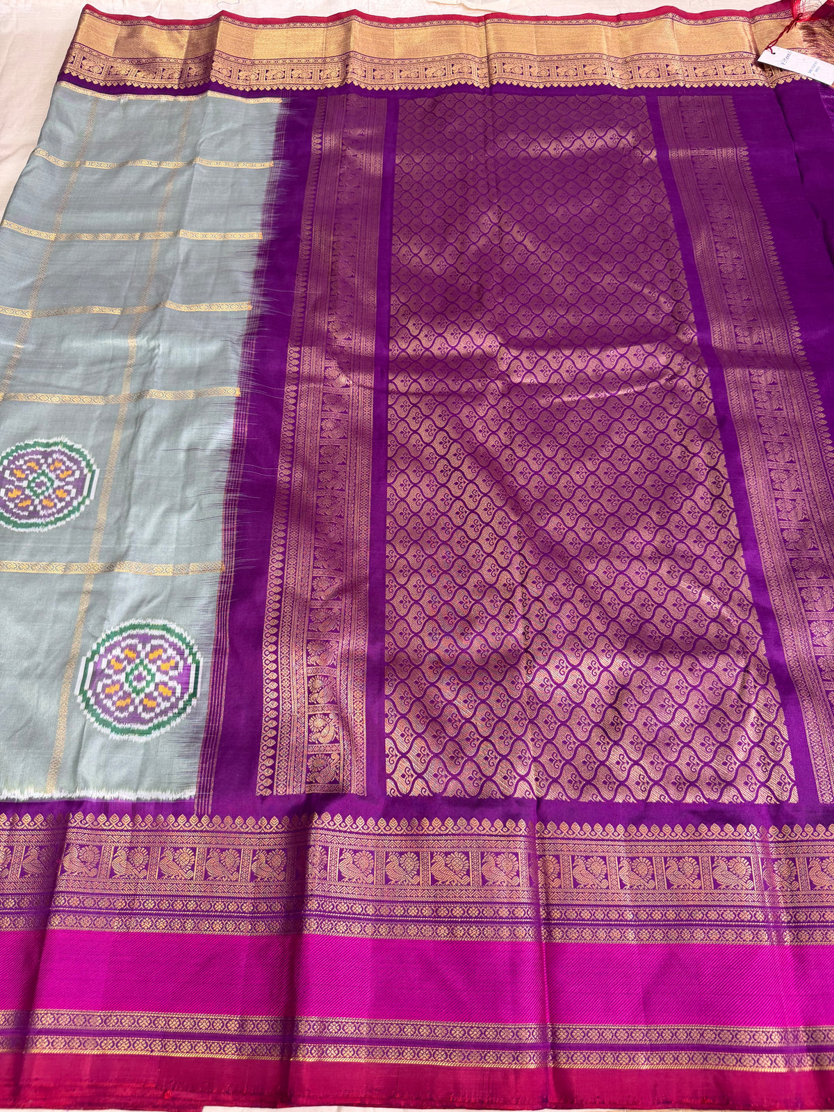 Handwoven Ikat Circle Motifs With Double Kanchi Border Saree