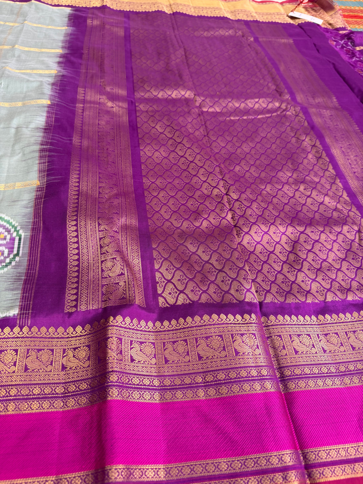 Handwoven Ikat Circle Motifs With Double Kanchi Border Saree