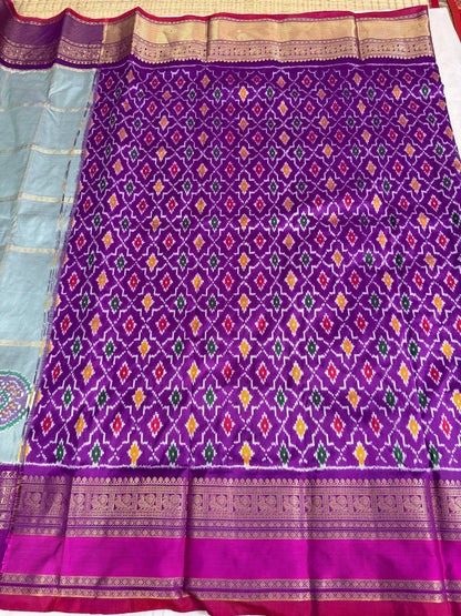 Handwoven Ikat Circle Motifs With Double Kanchi Border Saree