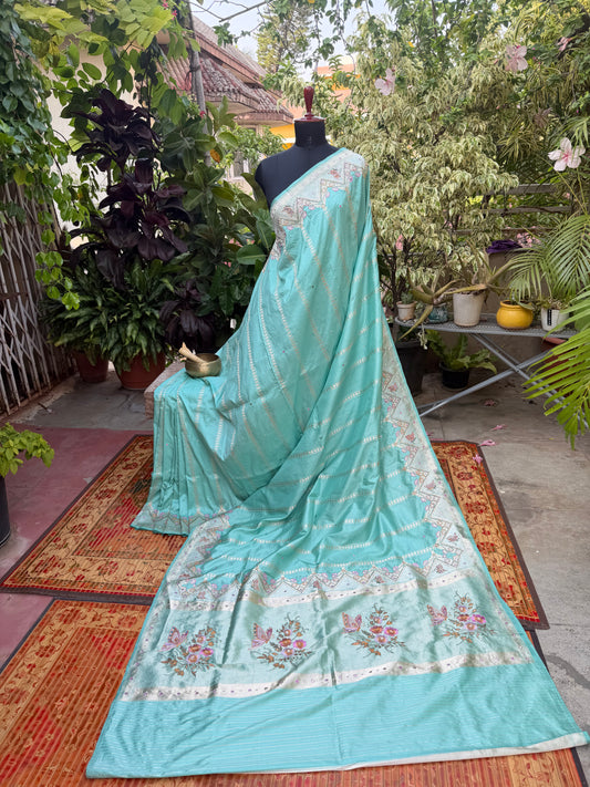 Pure Benares Silk With Aari Hand Embroidered Saree