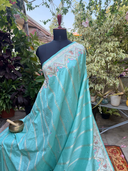 Pure Benares Silk With Aari Hand Embroidered Saree