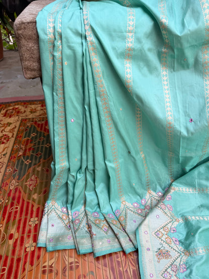 Pure Benares Silk With Aari Hand Embroidered Saree