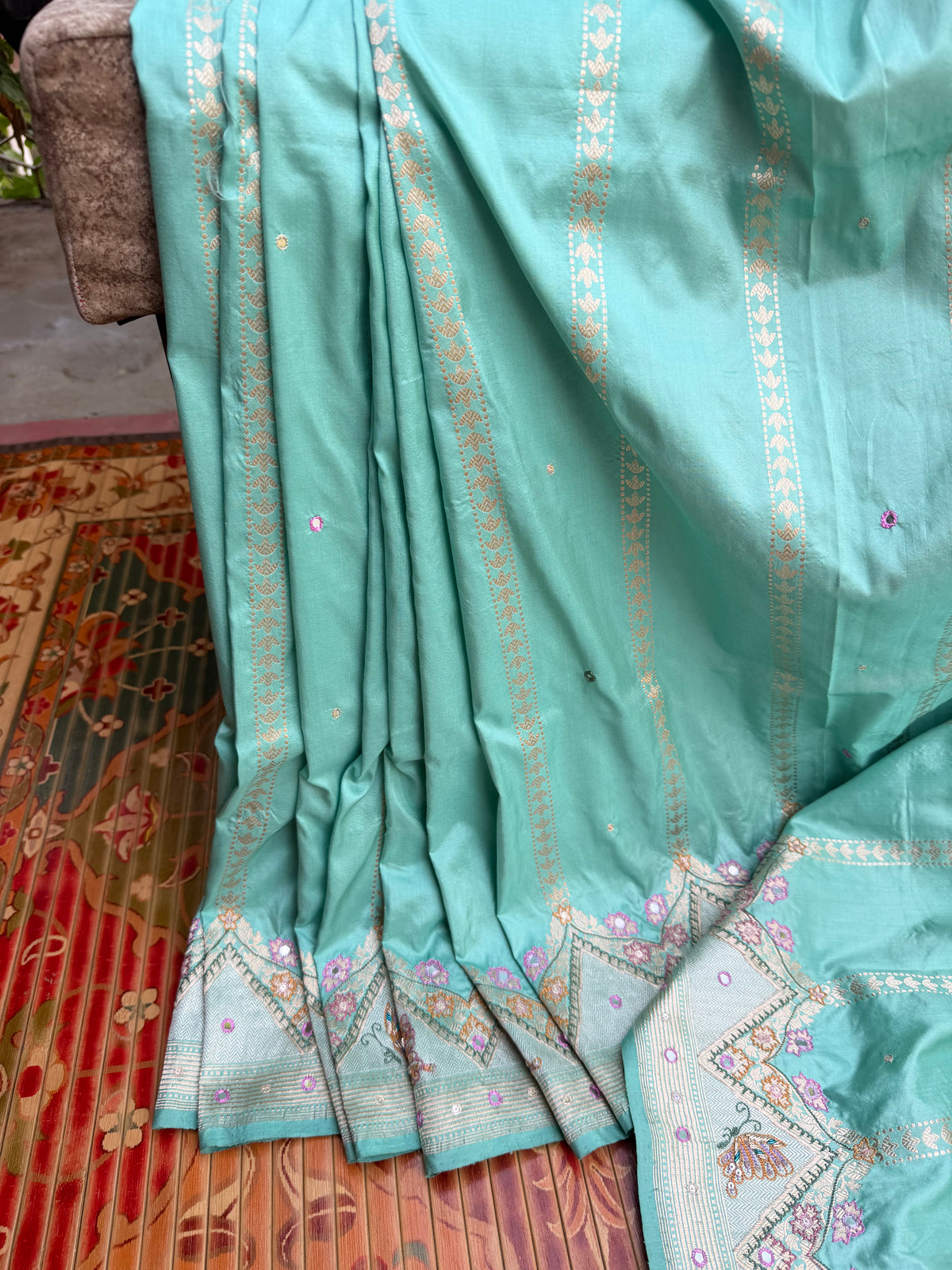 Pure Benares Silk With Aari Hand Embroidered Saree