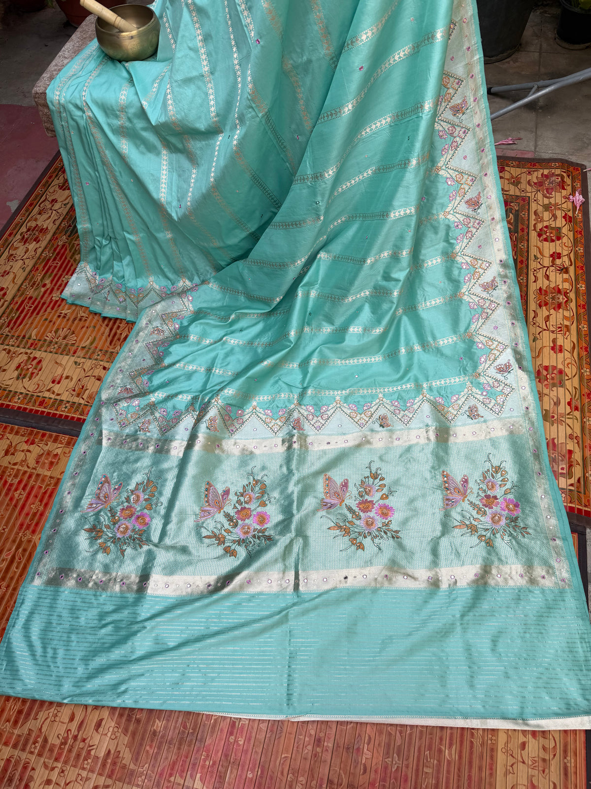 Pure Benares Silk With Aari Hand Embroidered Saree