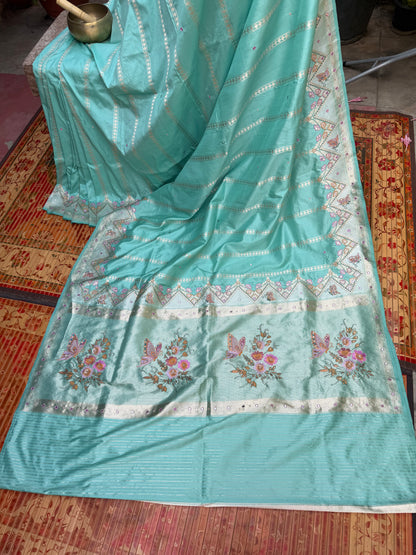 Pure Benares Silk With Aari Hand Embroidered Saree
