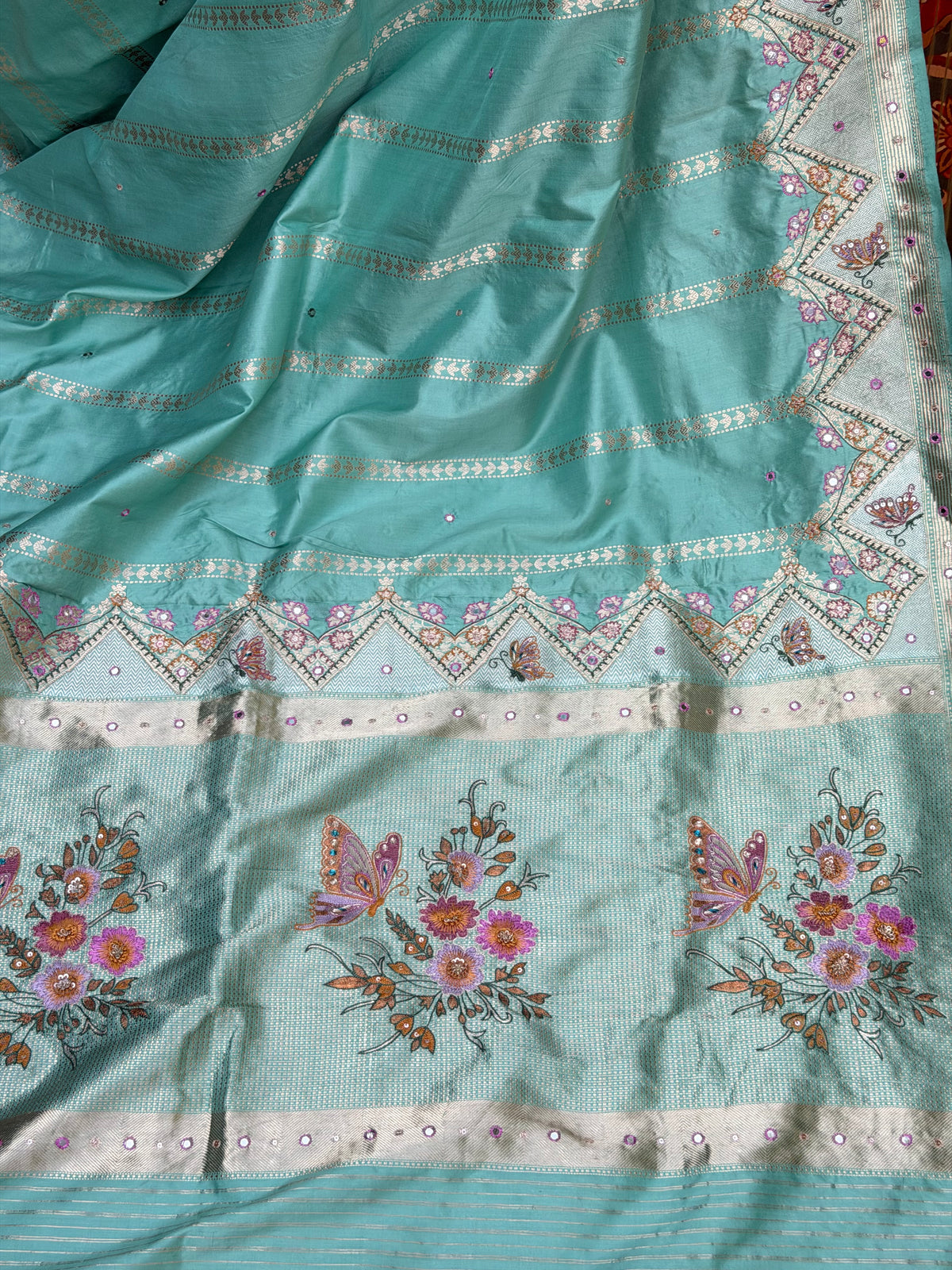 Pure Benares Silk With Aari Hand Embroidered Saree