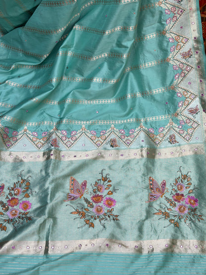 Pure Benares Silk With Aari Hand Embroidered Saree