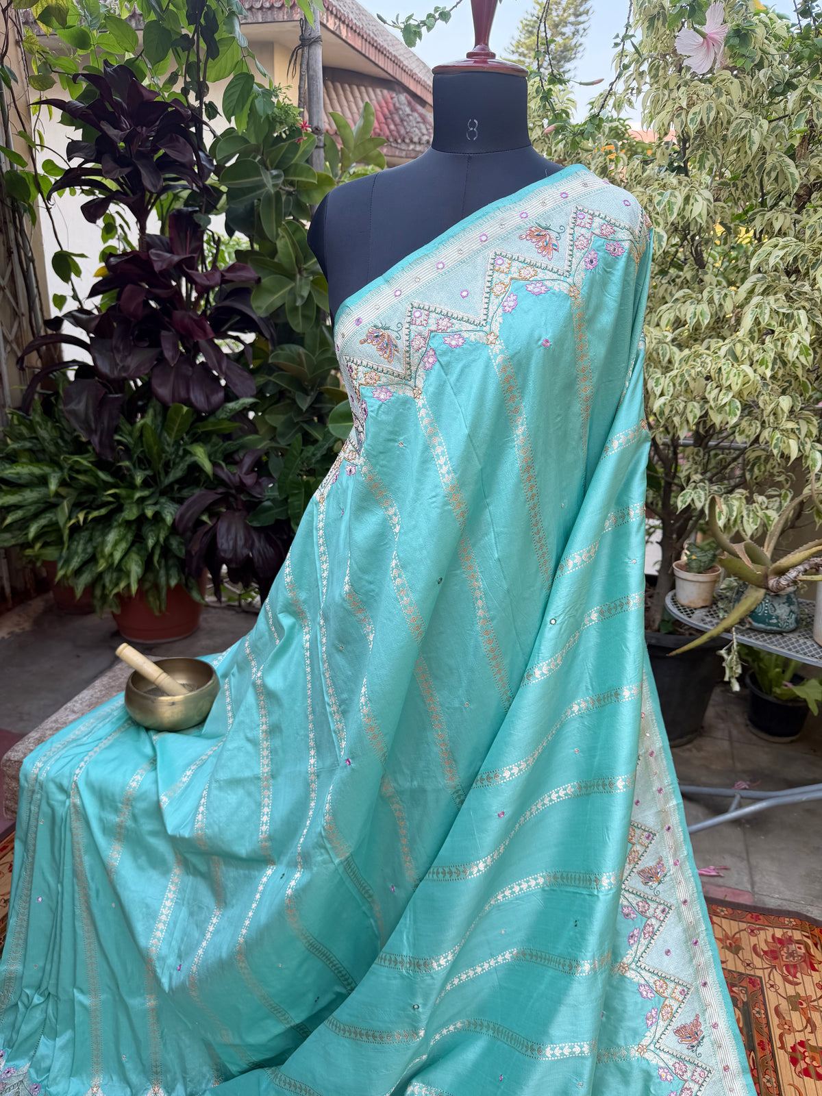 Pure Benares Silk With Aari Hand Embroidered Saree