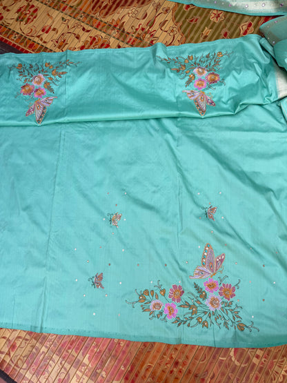 Pure Benares Silk With Aari Hand Embroidered Saree