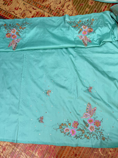 Pure Benares Silk With Aari Hand Embroidered Saree