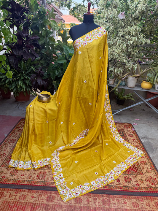 Pure Silk Tussar with Hand Embroidered Parsi Gara Work.