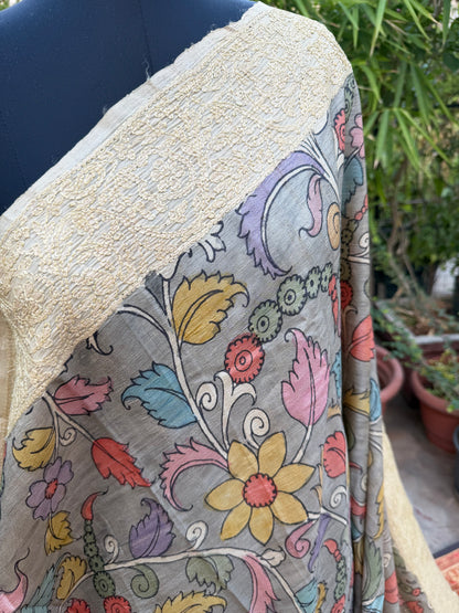 Tussar Chikankari X Penkalamkari