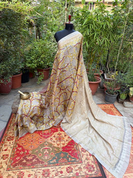 Pure silk tussar with Chikankari X Penkalamkari