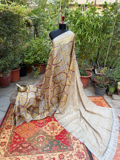 Pure silk tussar with Chikankari X Penkalamkari