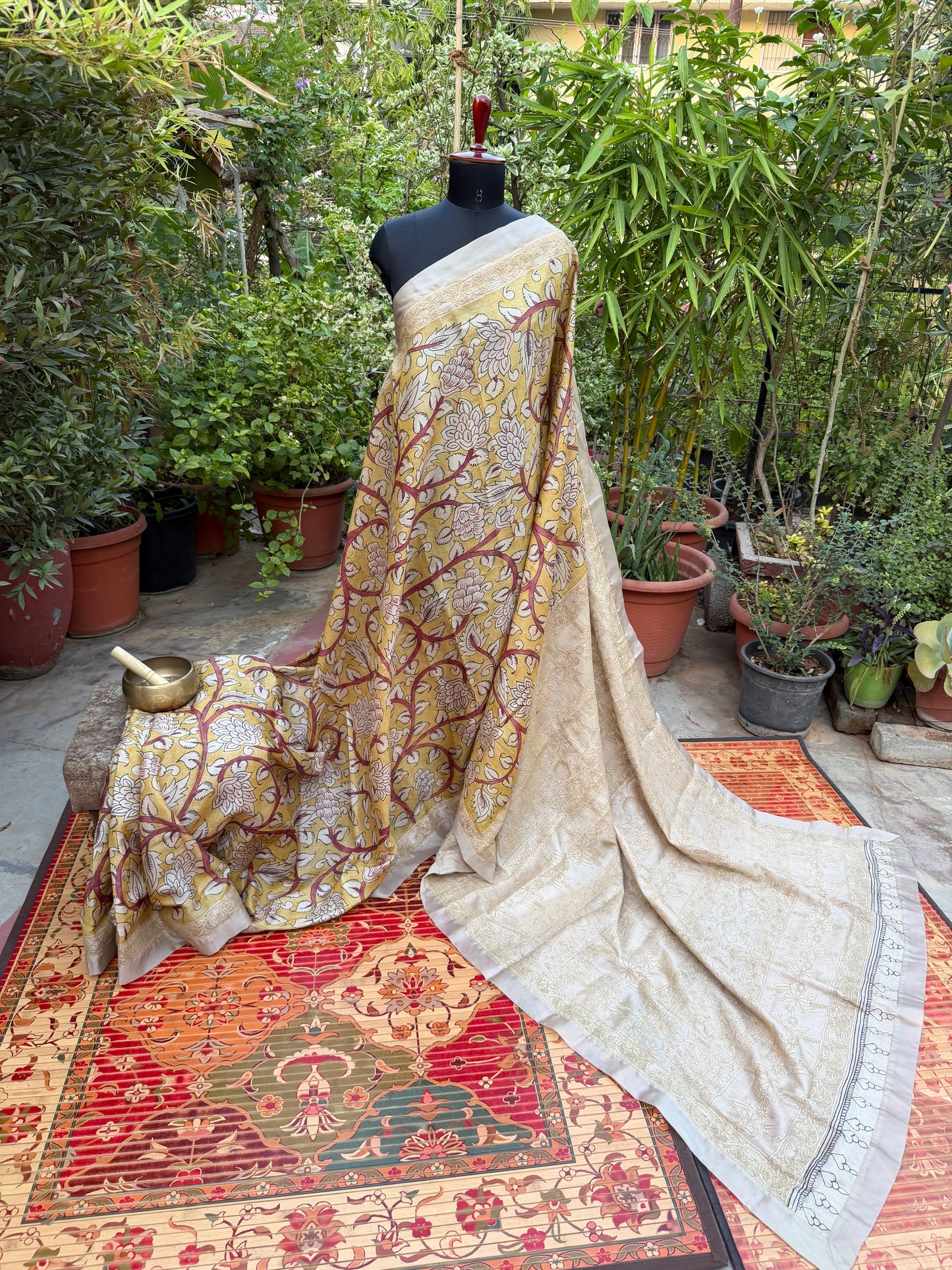 Pure silk tussar with Chikankari X Penkalamkari