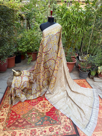 Pure silk tussar with Chikankari X Penkalamkari