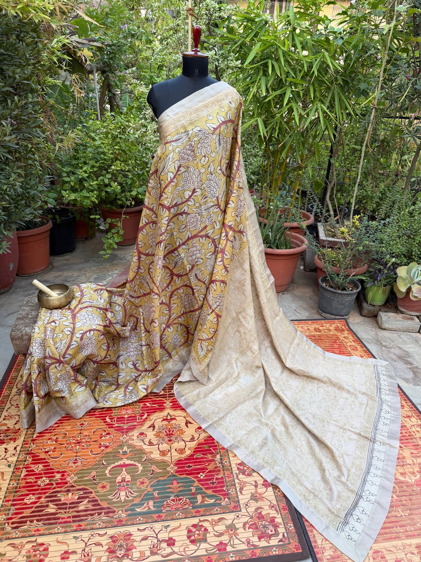 Pure silk tussar with Chikankari X Penkalamkari