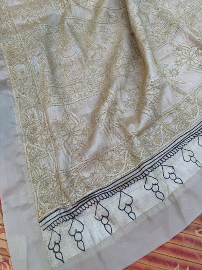 Pure silk tussar with Chikankari X Penkalamkari