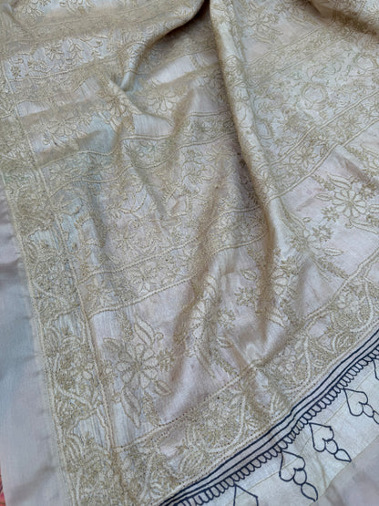 Pure silk tussar with Chikankari X Penkalamkari