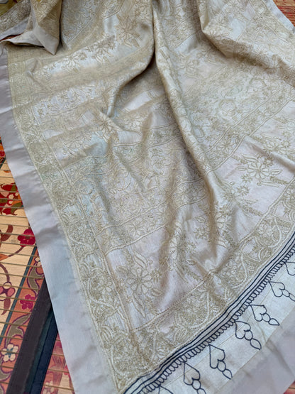 Pure silk tussar with Chikankari X Penkalamkari
