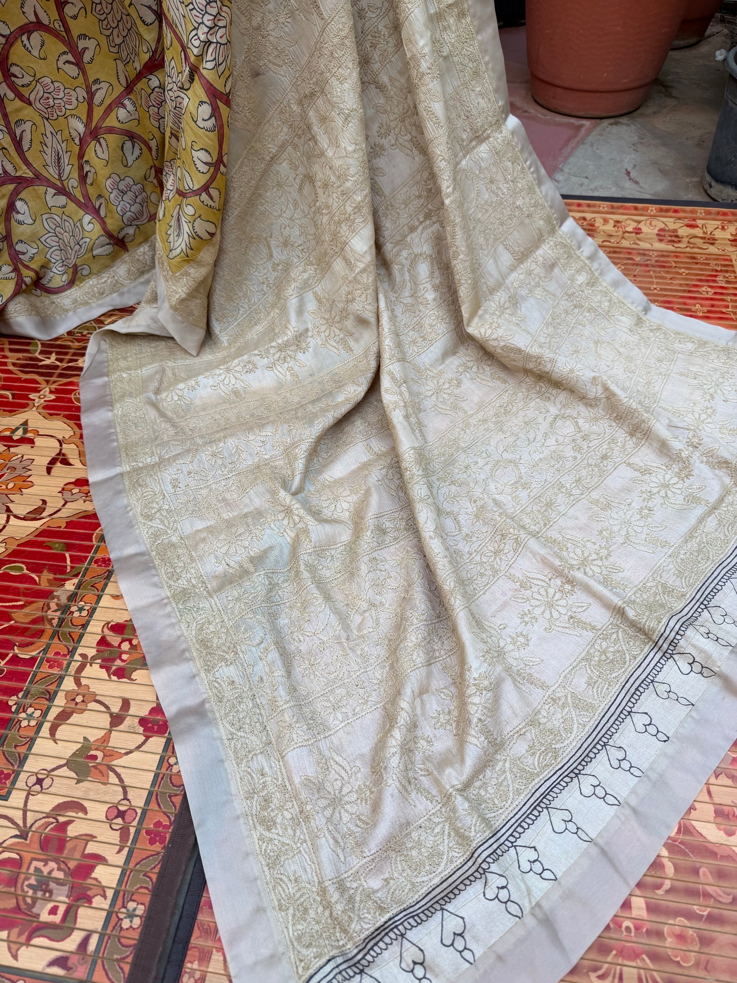 Pure silk tussar with Chikankari X Penkalamkari