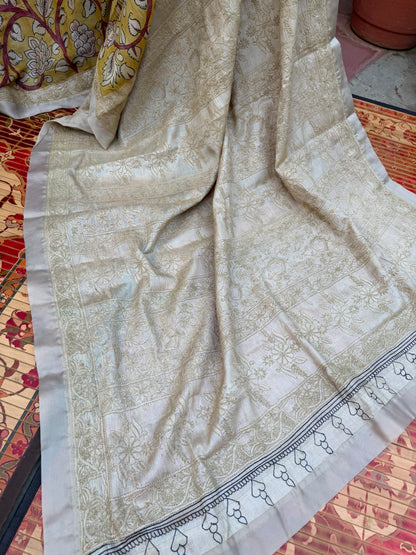 Pure silk tussar with Chikankari X Penkalamkari