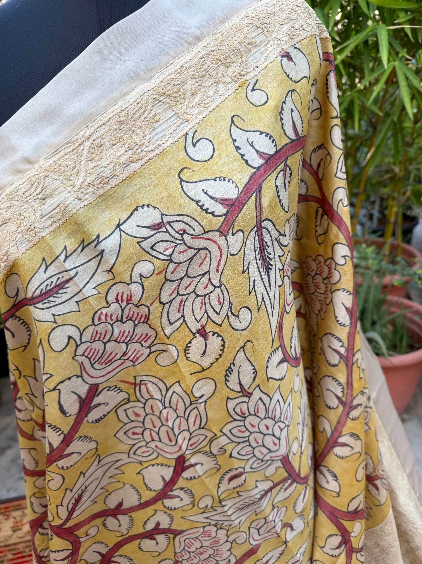 Pure silk tussar with Chikankari X Penkalamkari