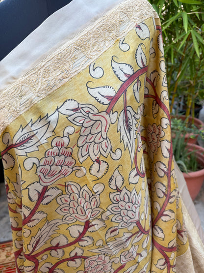 Pure silk tussar with Chikankari X Penkalamkari