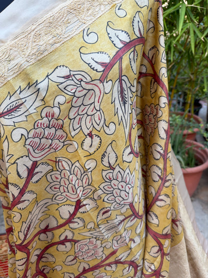 Pure silk tussar with Chikankari X Penkalamkari