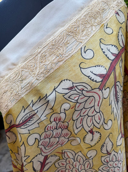 Pure silk tussar with Chikankari X Penkalamkari