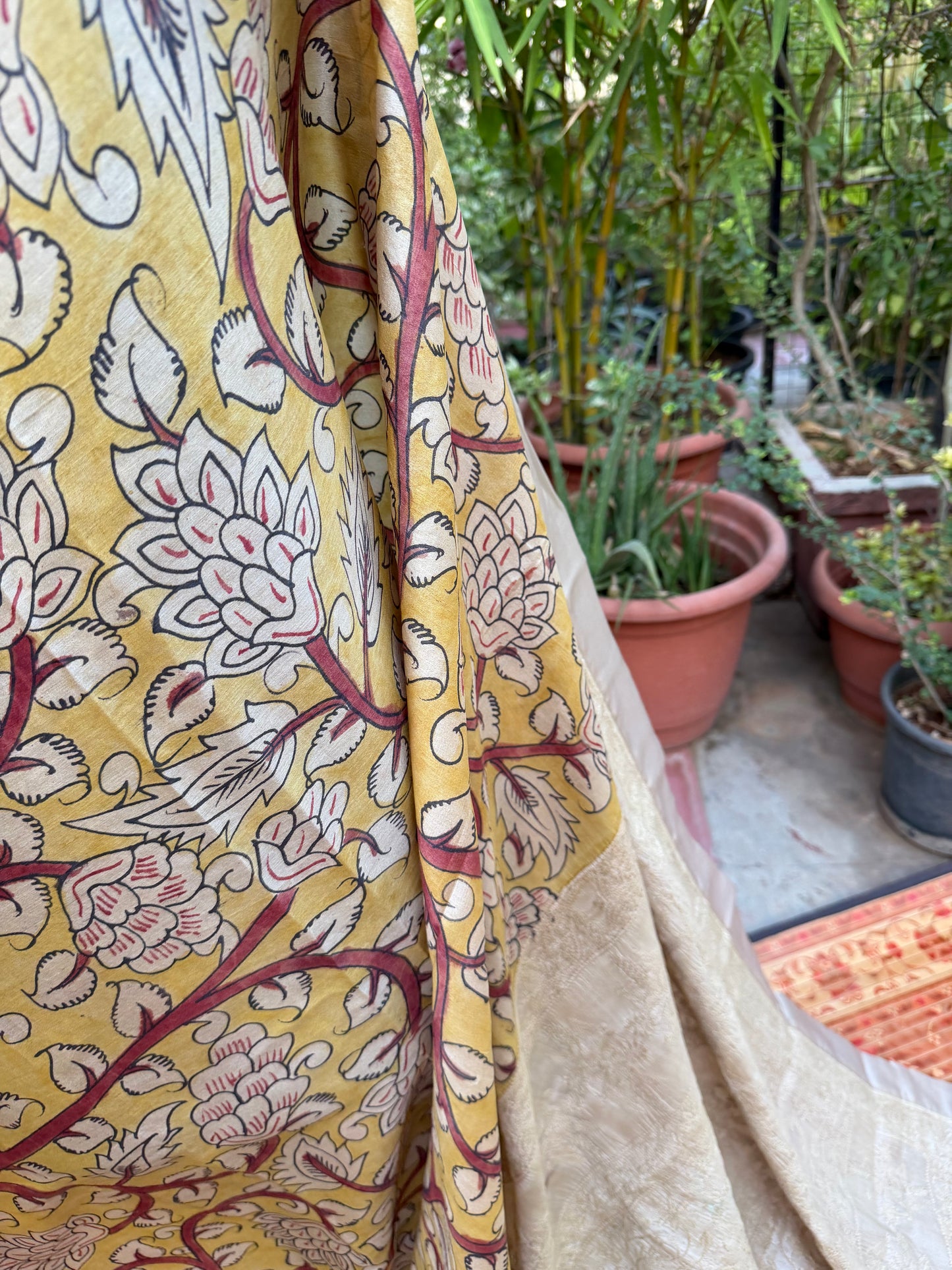 Pure silk tussar with Chikankari X Penkalamkari