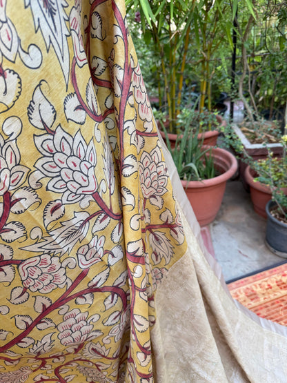 Pure silk tussar with Chikankari X Penkalamkari