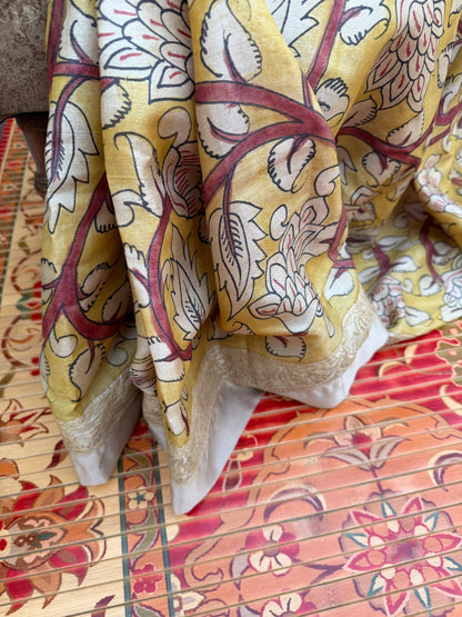 Pure silk tussar with Chikankari X Penkalamkari