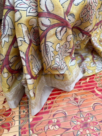 Pure silk tussar with Chikankari X Penkalamkari