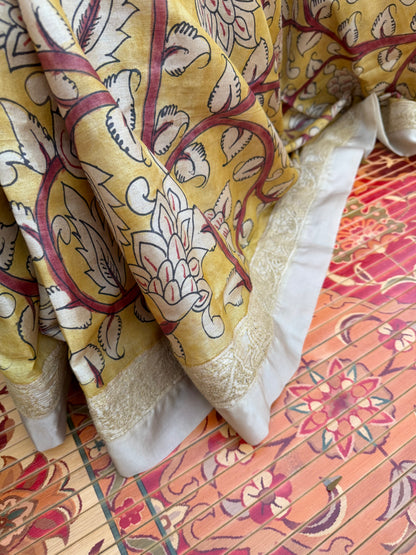 Pure silk tussar with Chikankari X Penkalamkari
