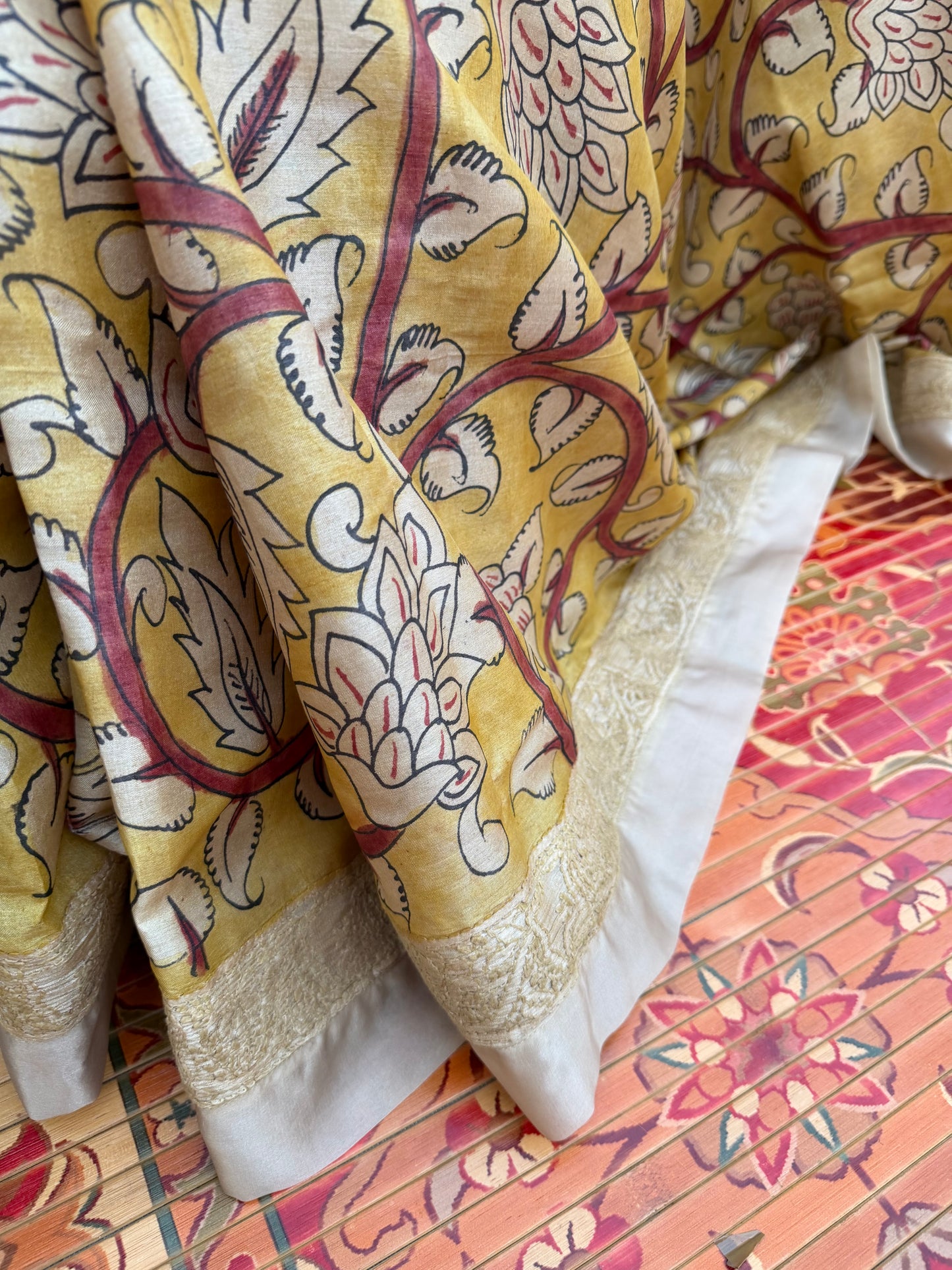 Pure silk tussar with Chikankari X Penkalamkari