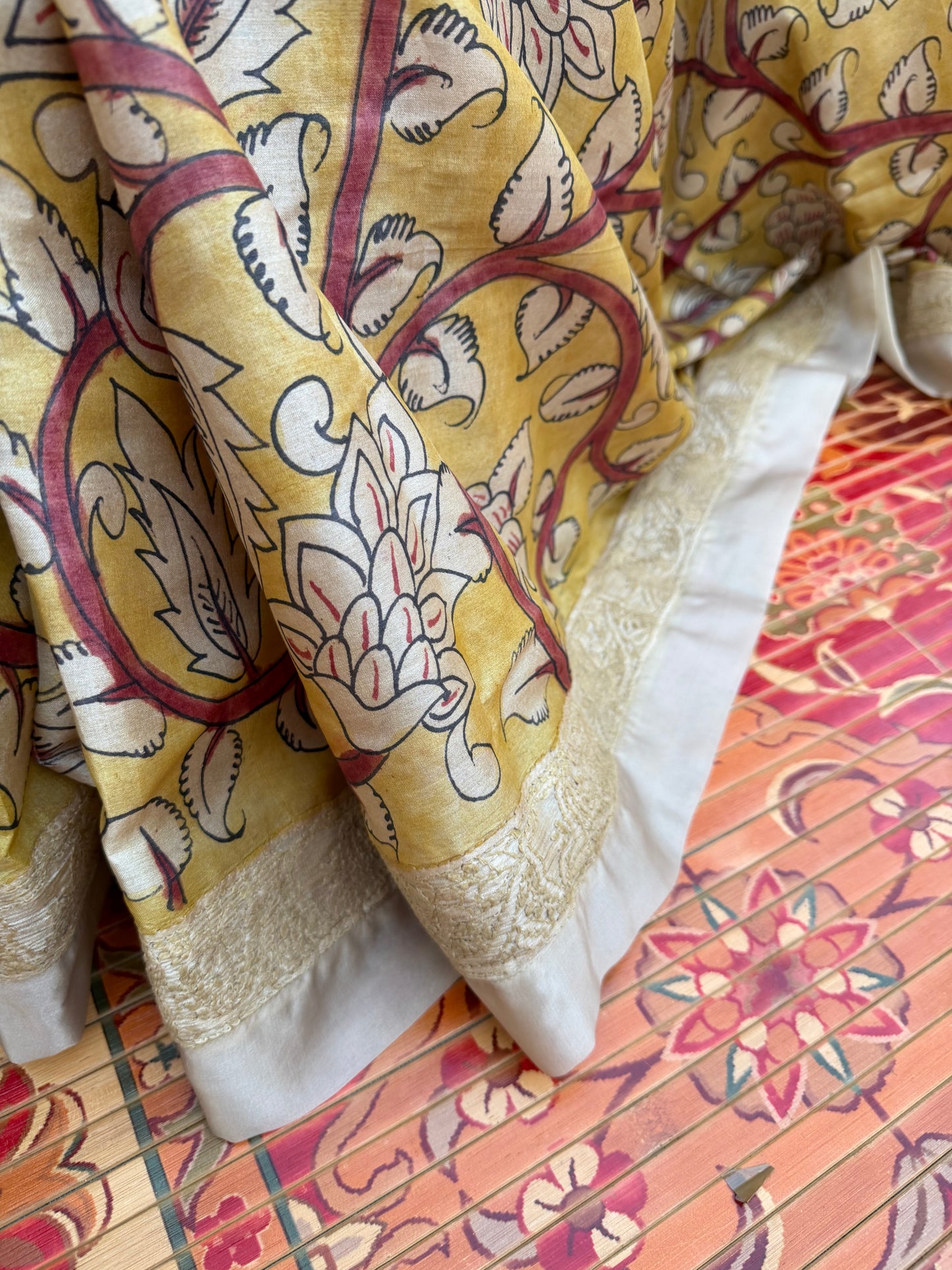 Pure silk tussar with Chikankari X Penkalamkari