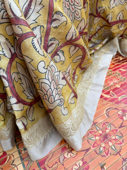 Pure silk tussar with Chikankari X Penkalamkari