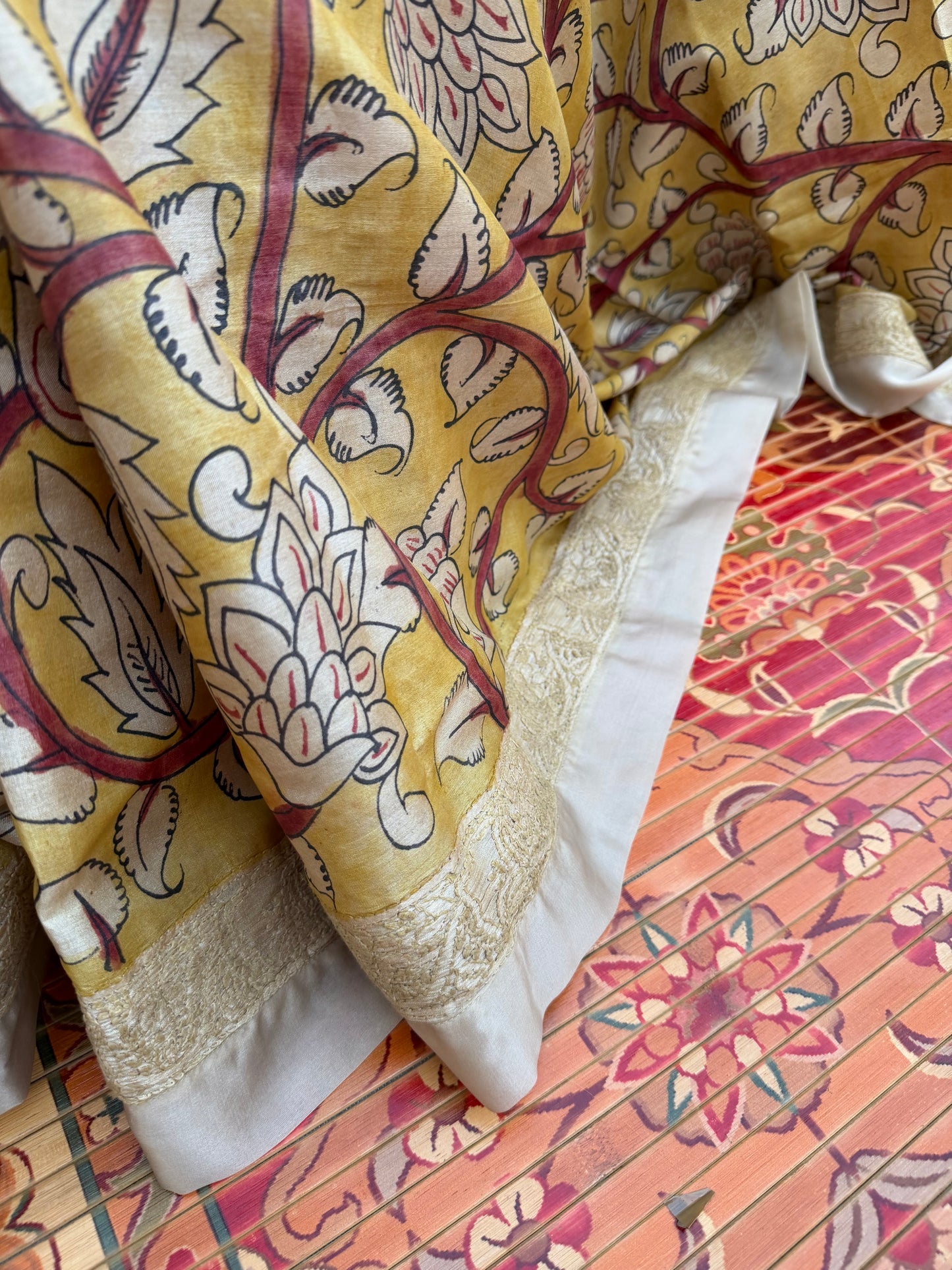 Pure silk tussar with Chikankari X Penkalamkari